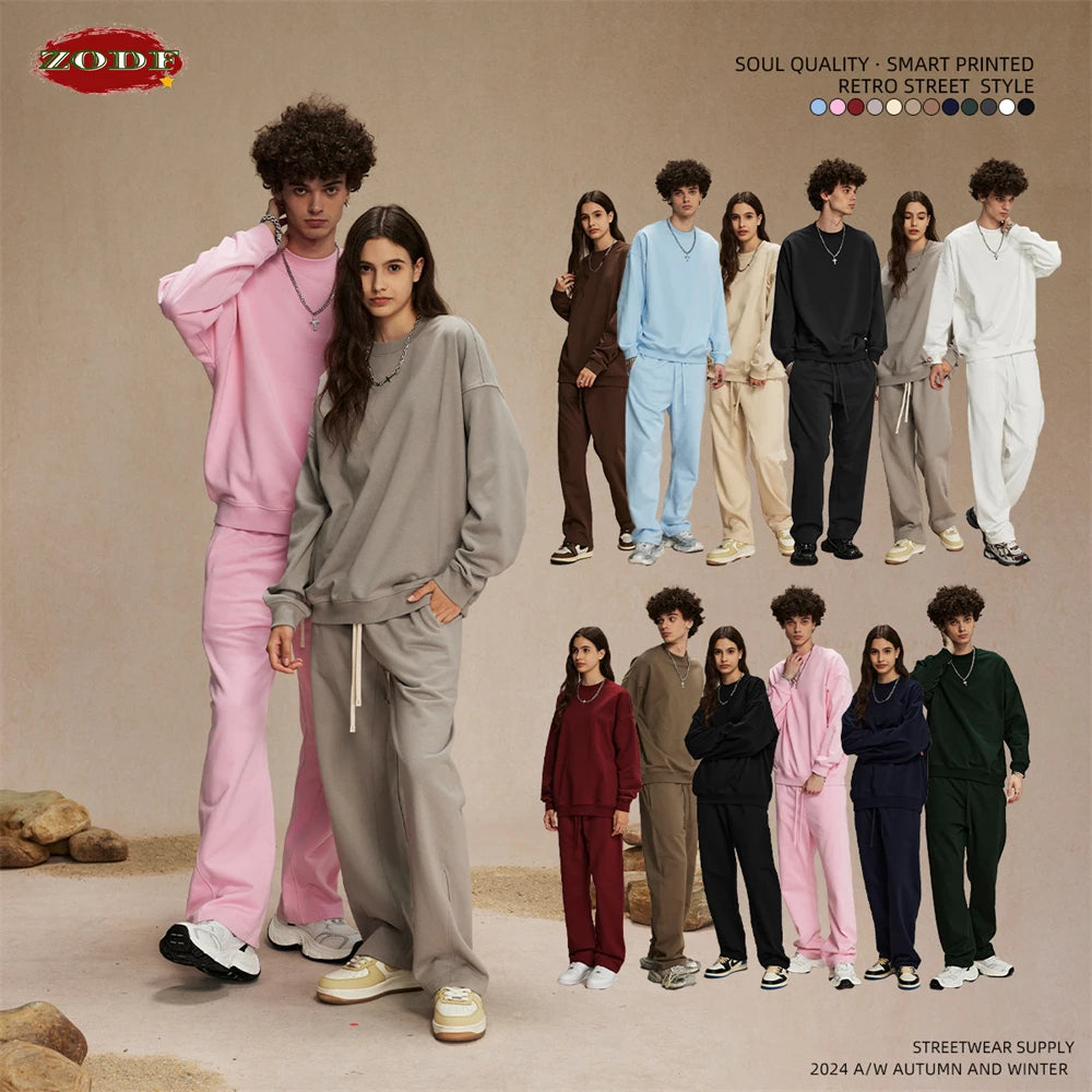 ZODF 2024 Autumn Winter Men's Basic O-Neck Sweatshirt Unisex Loose Solid 430gsm Terry Pullovers Streetwears HY0910