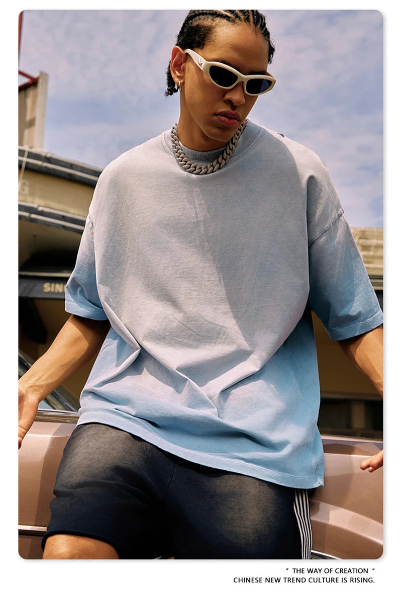 ZODF 2024 Summer Men Washed Gradient T-Shirts Unisex Women Distressed 250gsm Cotton T Shirt Brand Tees Streetwears HY0814