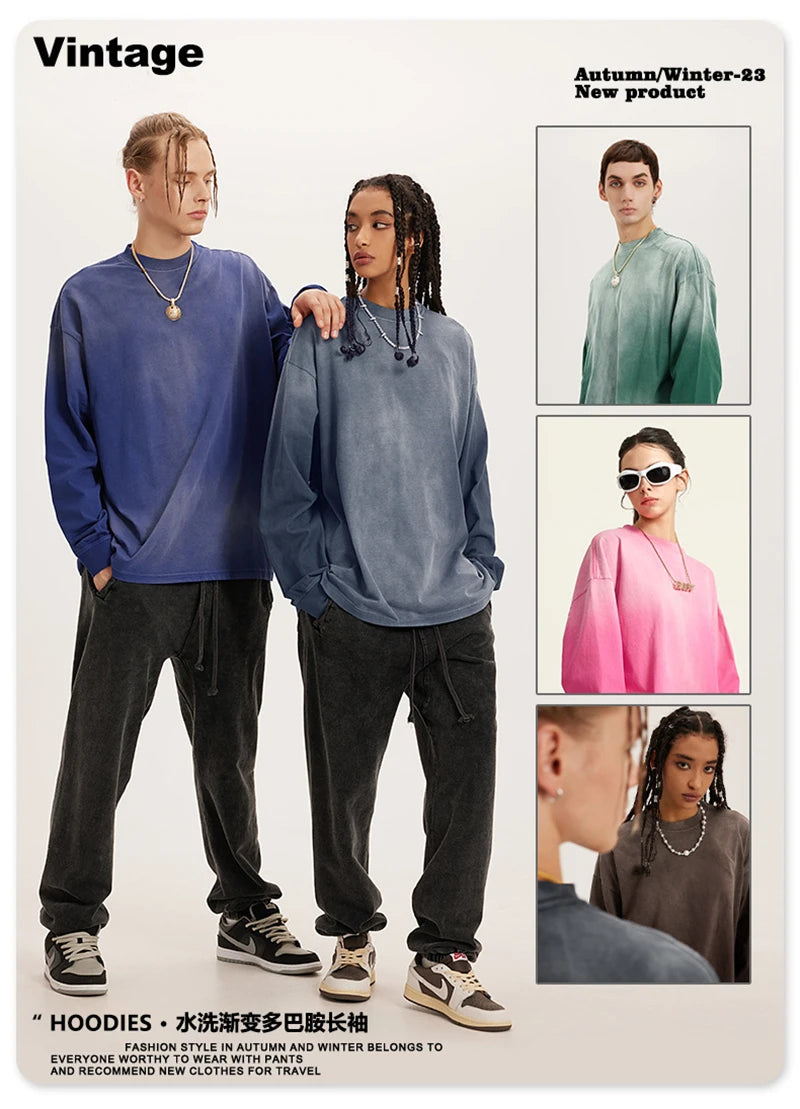 ZODF Retro Monkey Washed 260gsm Cotton T-Shirt For Men Unisex High Street Loose Full Sleeve T Shirt Brand Streetwear HY0406