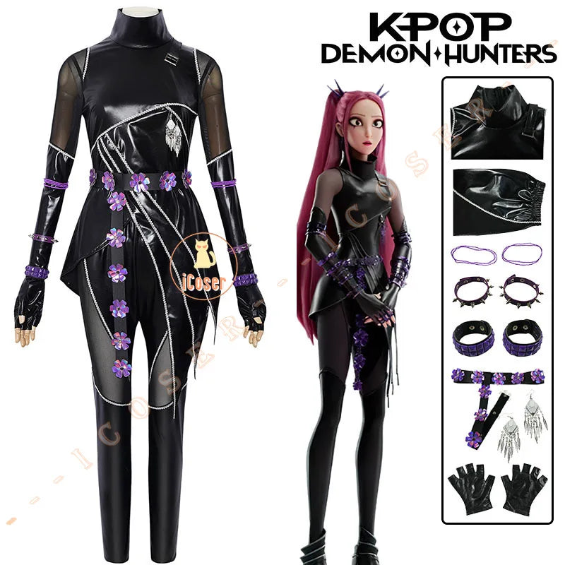 KPop Demon Hunters Mira Cosplay Costume Black Leather Combat Uniform Huntrix Gothic Punk Halloween Party for Women Girls iCoser