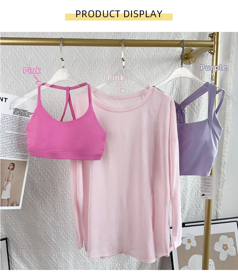 Women’s Long Sleeve Yoga Shirt O-Neck Breathable Loose Fit Sports Top for Running Pilates Gym Fitness
