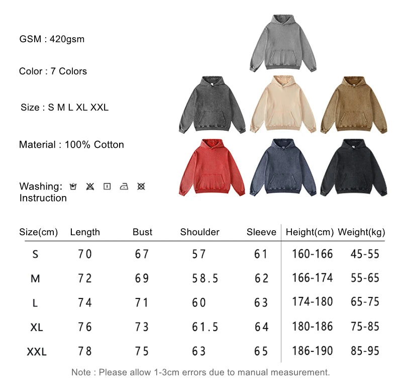 ZODF Retro Men Heavyweight Washed Cotton Hoodies Unisex Loose Thick 420gsm Hooded Sweatshirts Pullovers Coats HY0466