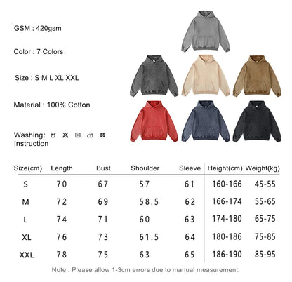 ZODF Retro Men Heavyweight Washed Cotton Hoodies Unisex Loose Thick 420gsm Hooded Sweatshirts Pullovers Coats HY0466