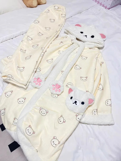 Rilakkuma Women'S Fleece-Lined Thickened Robe Coral Fleece Flannel Hooded Home Clothes Warm Nightgowns Casual Wear For Going Out