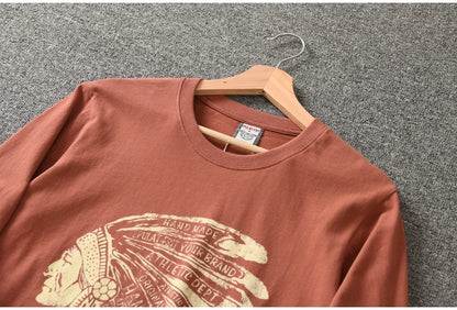 Autumn New American Retro Long Sleeve O-neck Indian Printed T-shirt Men's Fashion 100% Cotton Washed Casual Bottoming Tops