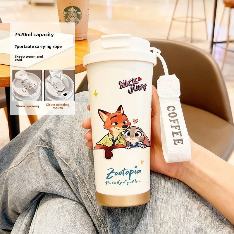 Disney Zootopia Coffee Mug Judy Nick 520ML 304 Stainless Insulated Cup Cartoon Thermos Cup Kids Student Water Cup Holiday Gift