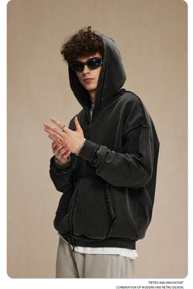 ZODF Retro Men's Heavyweight 450gsm Zipper Hoodies Unisex Loose Distressed Washed Batik Knitted Hooded Coat Jacket HY0889