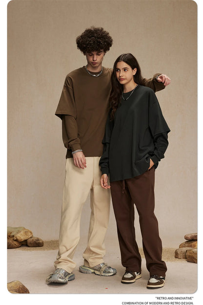 ZODF Fashion Spring Autumn Men 100% Cotton T-Shirt Unisex Fake 2-Piece 305gsm Solid Full Sleeve O Neck T Shirt Brand Tees HY0925