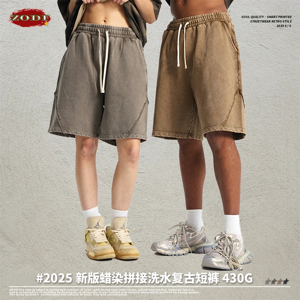 ZODF Retro Men Heavy-Weight Washed 430gsm Shorts Unisex High Street Patchwork Summer Distressed Cotton Shorts HY1035