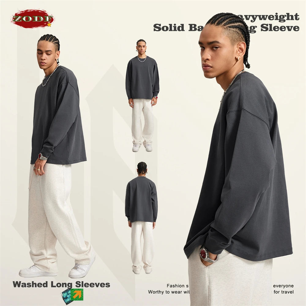 ZODF Autumn Winter 425gsm Long Sleeve T-Shirt American Retro Unisex Loose Heavyweight Basic Cotton T Shirts TEE HY0676