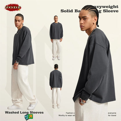 ZODF Autumn Winter 425gsm Long Sleeve T-Shirt American Retro Unisex Loose Heavyweight Basic Cotton T Shirts TEE HY0676
