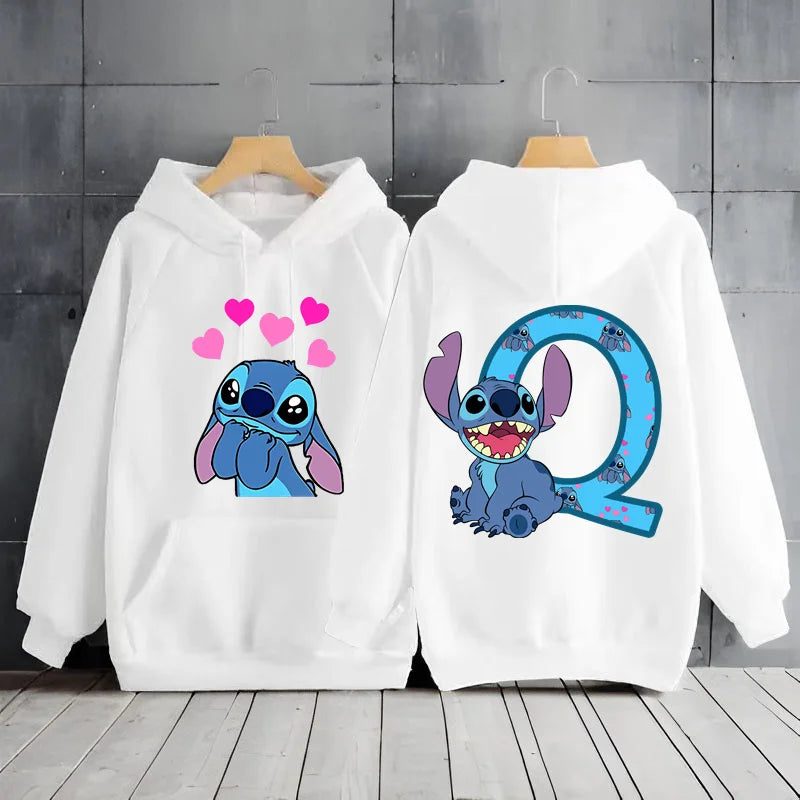 2025 Women's Winter Jacket Cute Kawaii Disney Lilo & Stitch Lucky Letter Print White Hoodie Fashion Couple Streetwear Sportswear