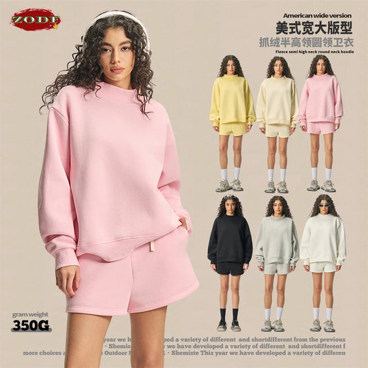 ZODF 2025 Winter Women 350gsm Warm Fleece Sweatshirts Girls Female Hip Hop Half Turtleneck Pullovers Brand Clothing HY056