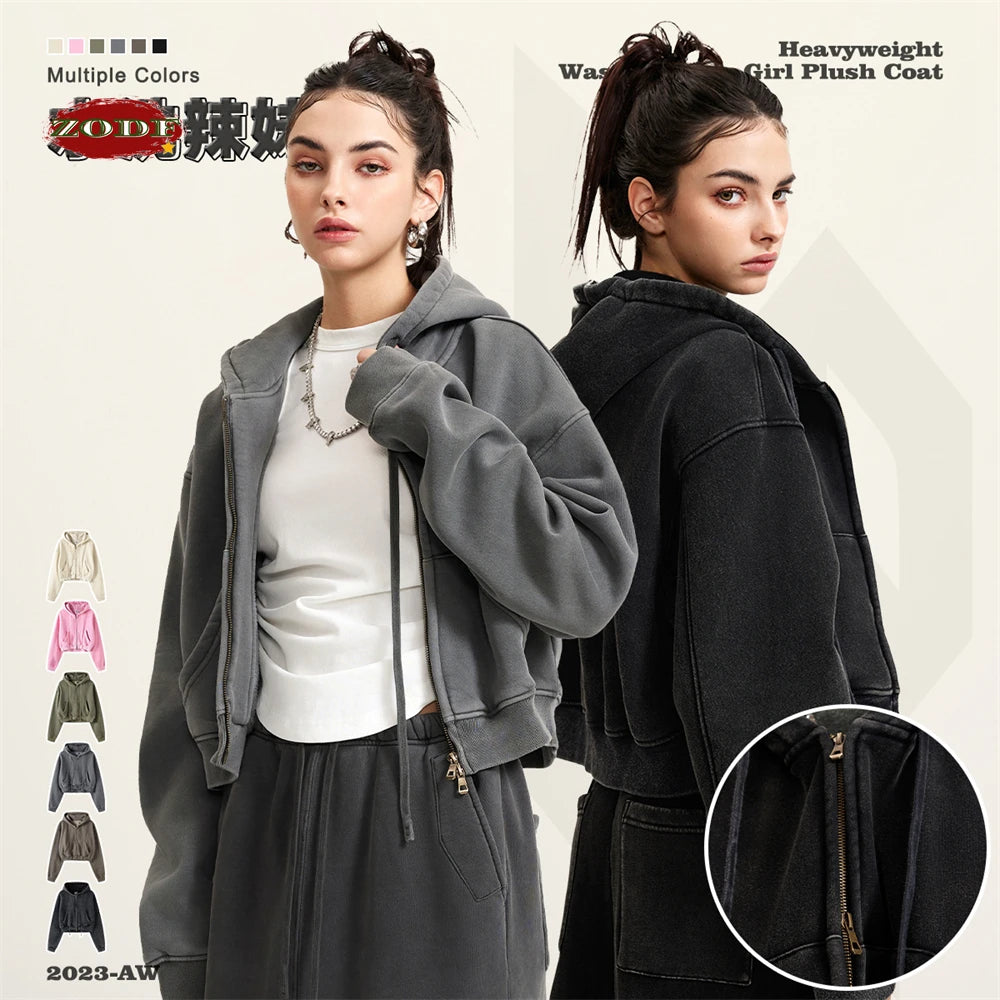 ZODF Retro 2025 Winter Women Short Zipper Hoodies Female Girls Loose 355gsm Thick Fleece Hooded Zip-up Coat Streetwears HY0448