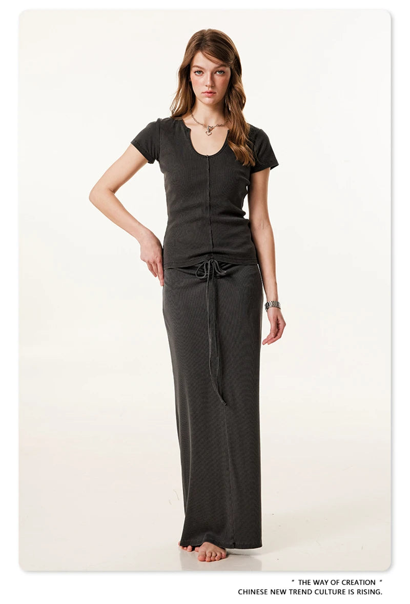 ZODF Women Retro 2025 Summer 275gsm U Collar Washed T-Shirts Hotsweet Girls Sexy Slim Fit T Shirt Brand Tees HY0992