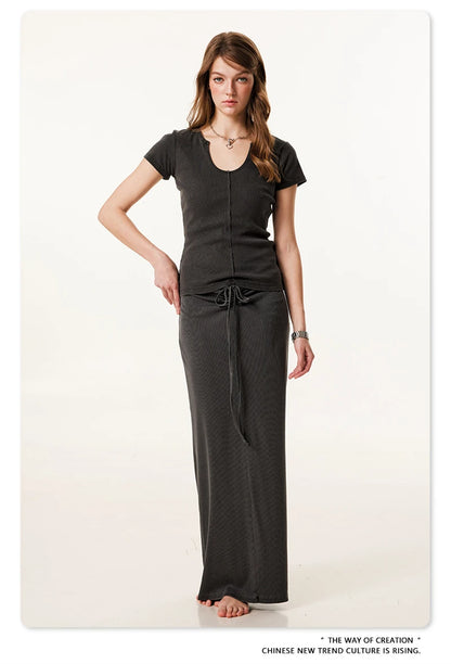 ZODF Women Retro 2025 Summer 275gsm U Collar Washed T-Shirts Hotsweet Girls Sexy Slim Fit T Shirt Brand Tees HY0992