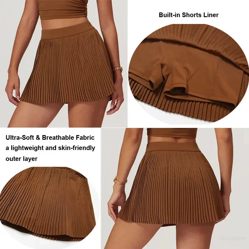 Women’s 2-in-1 Pleated Golf Tennis Skirt with Inner Pocket and Built-in Shorts