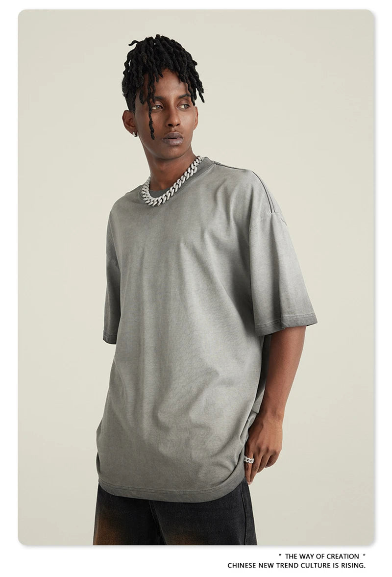 ZODF 2023 Men's Summer 255G Wash Gradient Fried Cotton T Shirt Round Neck Short Sleeve American Retro Loose T-Shirt HY0547