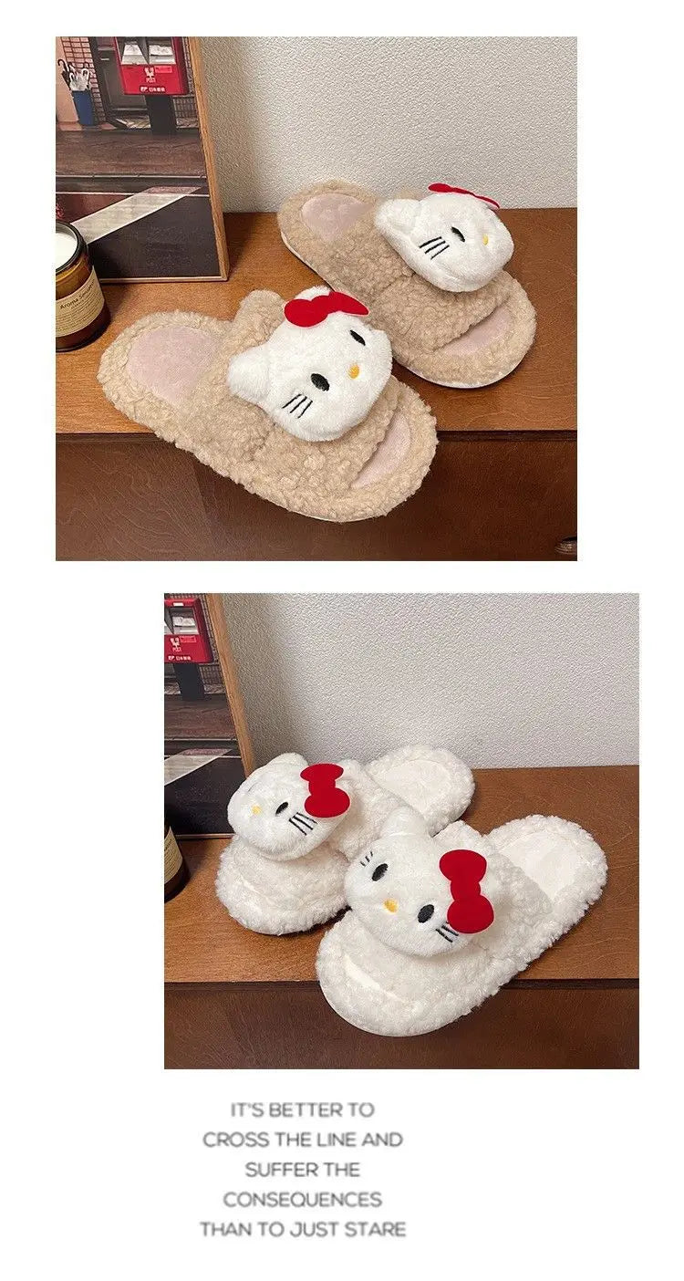 New Sanrio Sweet Hello Kitty Warm Cotton Slippers For Student Dormitory Comfortable One Word Hairy Adult Cotton Slippers