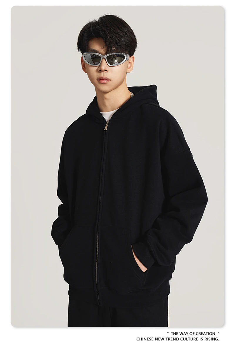 ZODF New Winter Men Zipper Fleece Hoodies Unisex Loose Heavy Weight Thick Warm Basic 420gsm Hooded Coats Hoodie HY0747