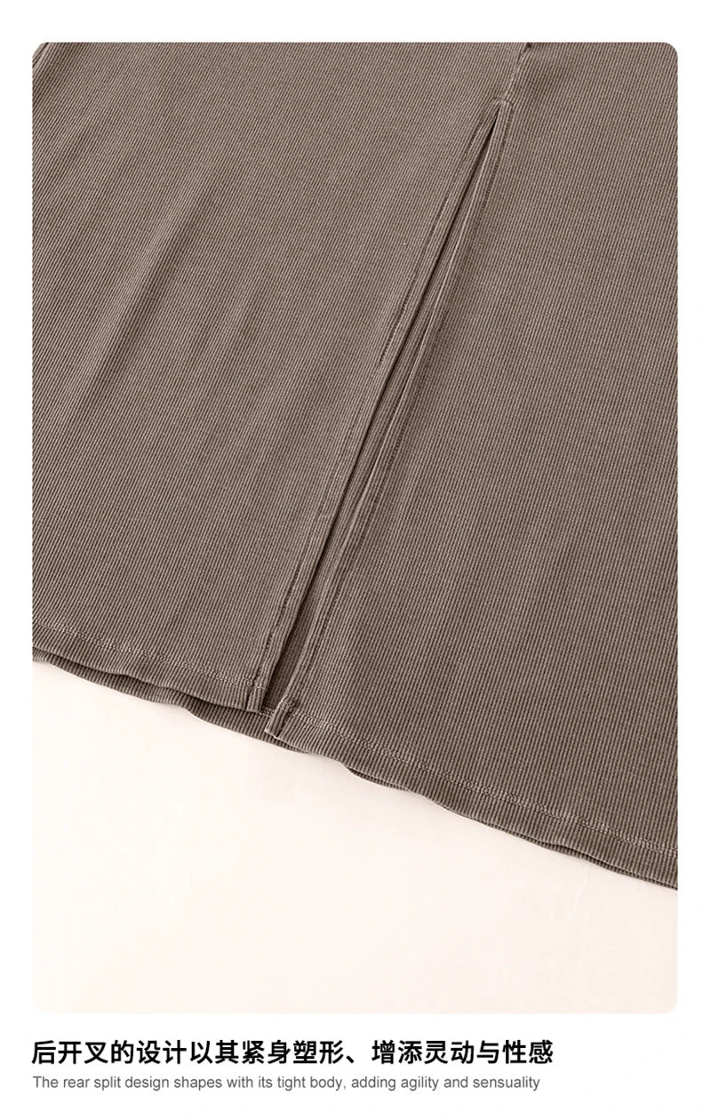 ZODF Sexy 2025 Spring Women 275gsm Long Dress Female Girls O Neck Washed Distressed Slim Slit Fit Dresses HY1008