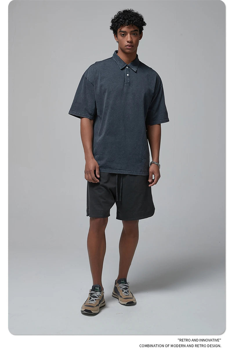 ZODF Summer Men Batik Washed 275gsm Cotton T Shirt Unisex Retro Turn Down Collar Short Sleeve T-shirts Tees HY0533