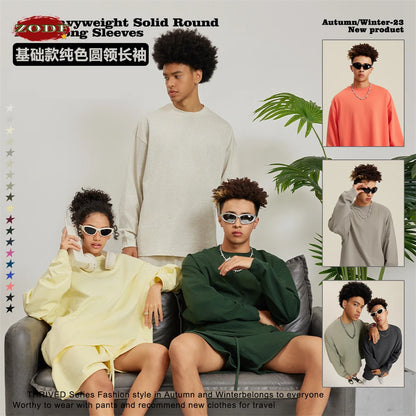 ZODF NEW Autumn Men's Solid Full Sleeve T Shirts Unisex Loose Oversized Casual 305GSM Cotton Basic T-Shirt Brand TEE HY0209