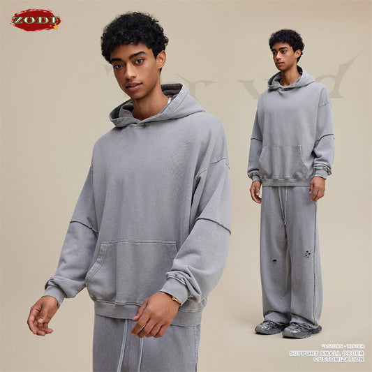 ZODF Vintage 2025 Autumn 370gsm Fake 2-Piece Hoodies For Man Unisex Washed Fire Snowflake Hooded Pullovers Terry Coats HY1108