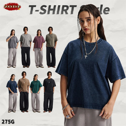 ZODF New Hip Hop Washed Cotton Boxy T-Shirts For Men Unisex Retro Loose Fit Basic Short Version T Shirt Brand Tops HY1076