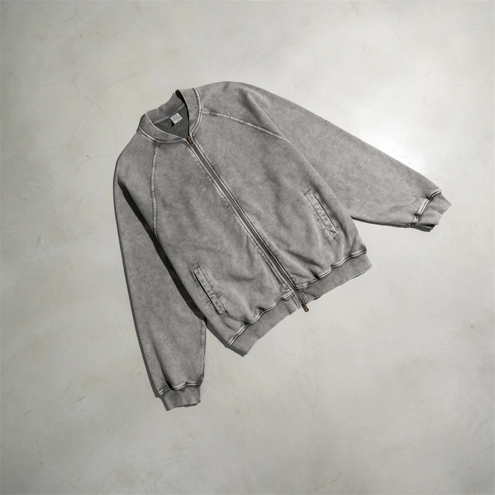 ZODF New Winter Washed Double Zipper Jackets For Men Unisex Loose Heavy Weight 450gsm Raglan Sleeve Cotton Coats HY0654