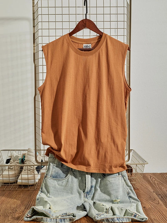 Summer New American Retro Sleeveless O-neck Soild Color T-shirt Men's Fashion 100% Cotton Washed Old Casual Sports Vest Tops