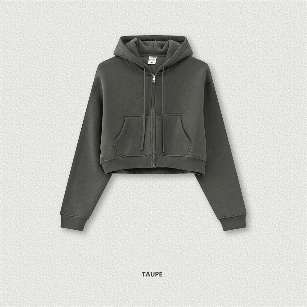 ZODF 2024 Winter Women Zipper Crop Hoodies Female Girls Solid 345gsm Warm Fleece Short Hooded Zip-Up Coat HY0911