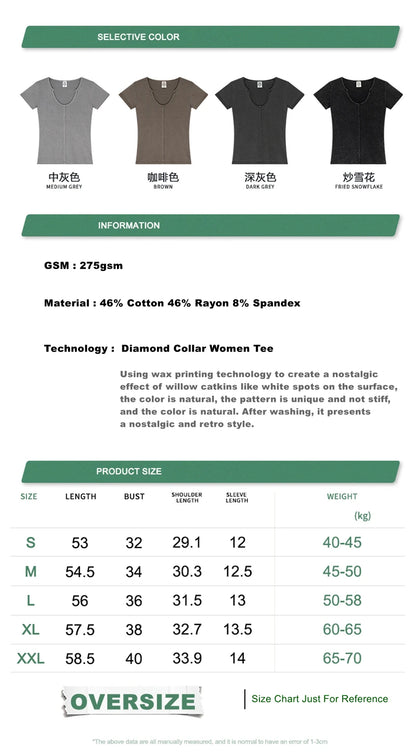 ZODF Women Retro 2025 Summer 275gsm U Collar Washed T-Shirts Hotsweet Girls Sexy Slim Fit T Shirt Brand Tees HY0992