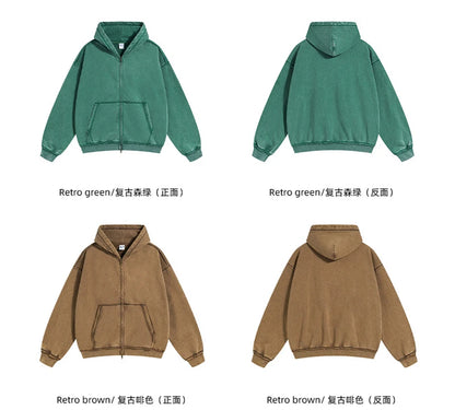 ZODF Retro Men's Heavyweight 450gsm Zipper Hoodies Unisex Loose Distressed Washed Batik Knitted Hooded Coat Jacket HY0889