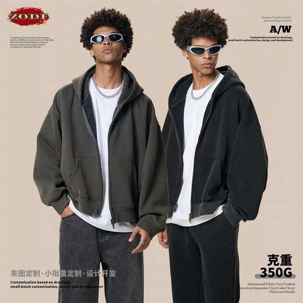 ZODF Retro Winter 350gsm Washed Zipper Fleece Hoodies For Men Unisex Loose Fit Boxy Style Thick Warm Hooded Coat Outfits HY0042