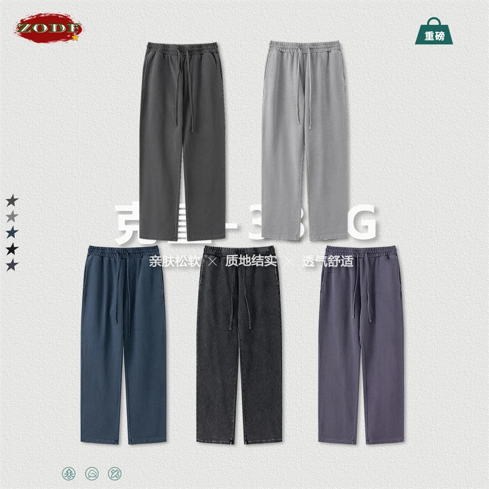 ZODF Retro Men Autumn Washed 380gsm Cotton Unisex High Street Oversized Solid Sport Straight Pants HY0885