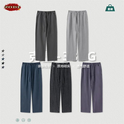 ZODF Retro Men Autumn Washed 380gsm Cotton Unisex High Street Oversized Solid Sport Straight Pants HY0885