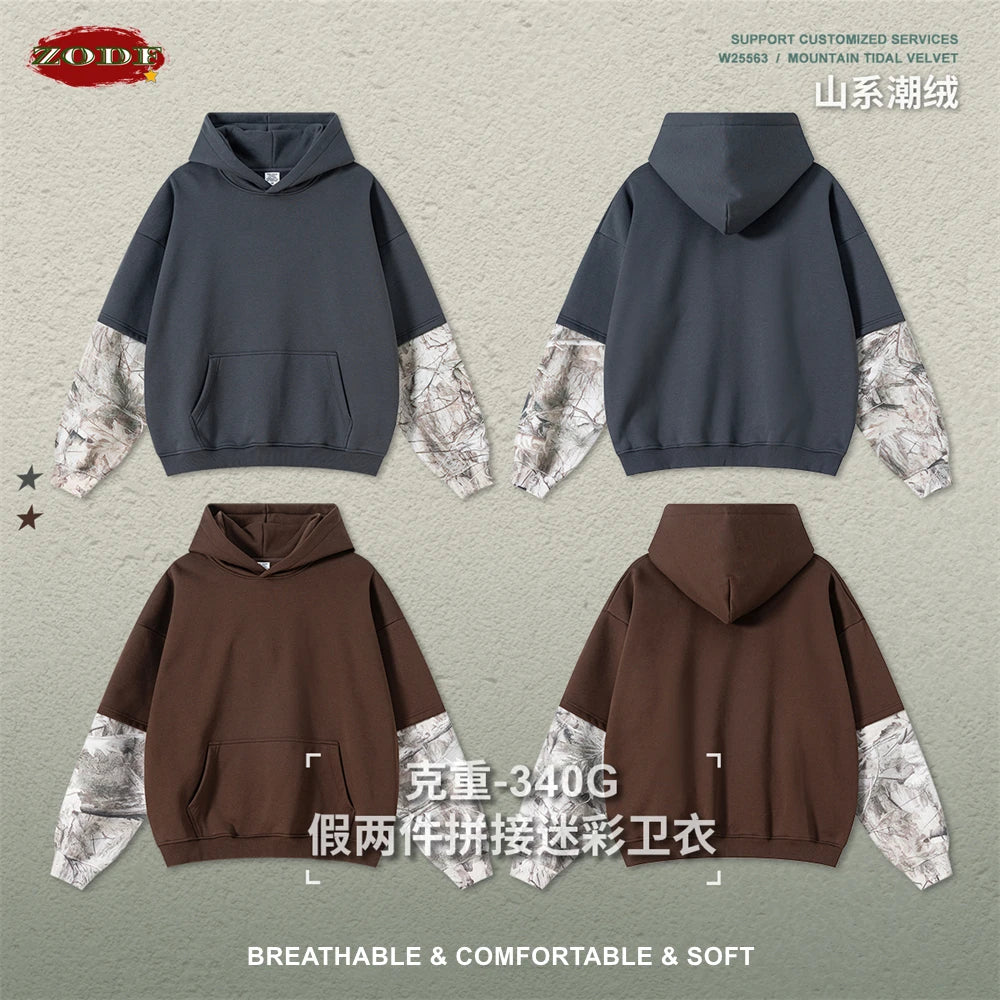 ZODF Fashion Winter Fake 2-Piece 340gsm Fleece Hoodies For Men Unisex High Street Camouflage Sleeve Hooded Pullovers HY1153