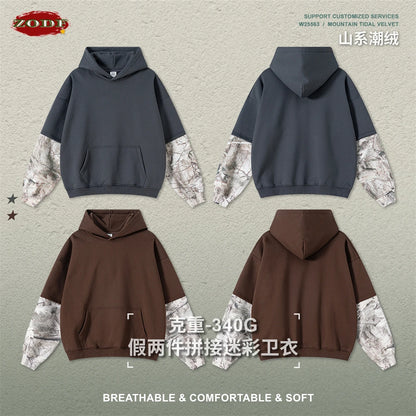 ZODF Fashion Winter Fake 2-Piece 340gsm Fleece Hoodies For Men Unisex High Street Camouflage Sleeve Hooded Pullovers HY1153