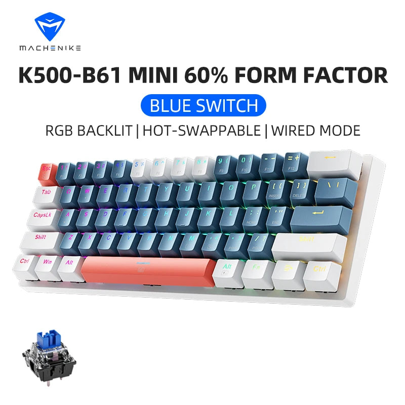 K500-B61 Machenike Mini Mechanical Keyboard 60% 61-Key Wired Hot-Swappable RGB Backlit Gaming - US Blue Switch