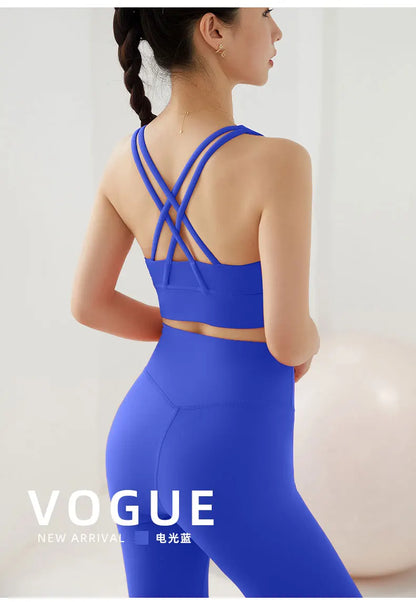 2 Piece Yoga Set Solid Color Women's High Waisted Leggings Tight-Fitting Quick-Drying Running Underwear Cross Bra Fitness Suit