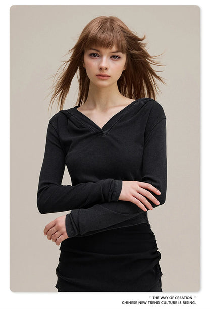 ZODF Sexy Women Autumn Washed 275gsm Hooded T Shirt Ladies Girls Slim Fit Distressed Side Pleated T-Shirts Tees HY1149