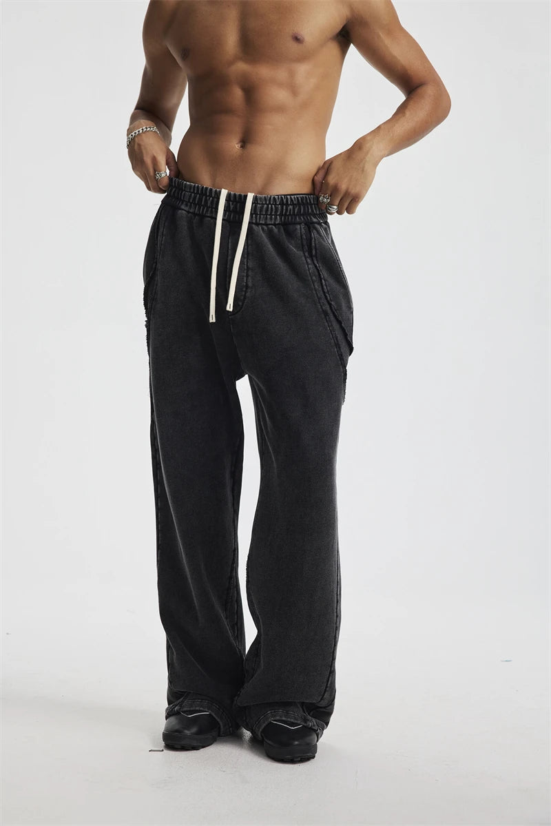 ZODF Retro 2025 Autumn Man Washed Cotton Straight Pants Unisex 430gsm Distressed Patchwork Oversized Trousers Sweatpants HY1168