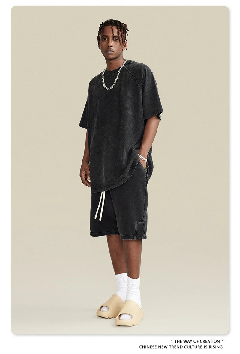 ZODF 2024 Summer Men 350gsm Washed Cotton Shorts Unisex Retro High Street Loose Side Slit Short Pants Streetwears HY0839