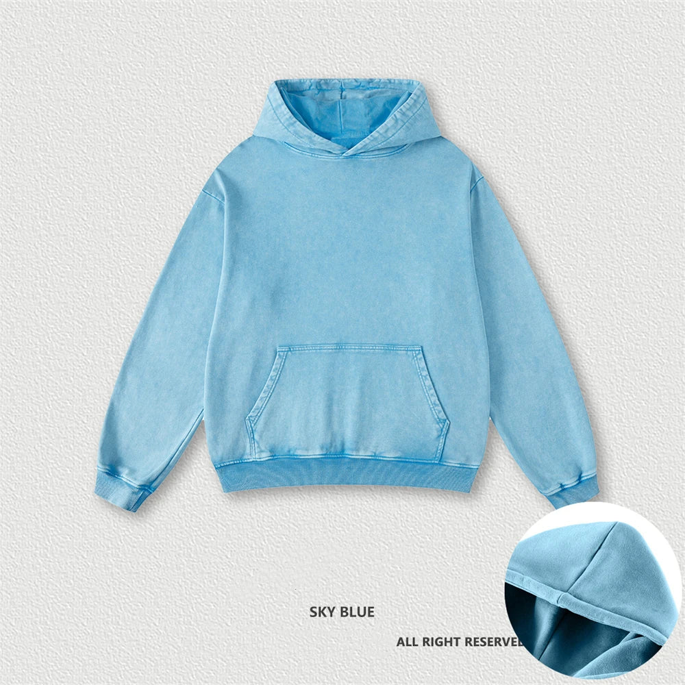 ZODF Retro Men Heavyweight 420gsm Washed Cotton Loose Hooded Sweatshirt Pullover HY0466 - SKY BLUE / XXL / China