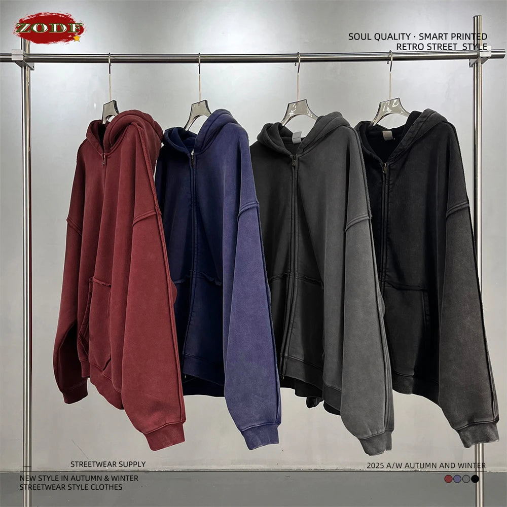 ZODF Vintage Man's Batik Washed Fleece Zipper Hoodie Unisex Winter Warm Distressed Hooded Coat Pullovers Brand Clothing HY1146