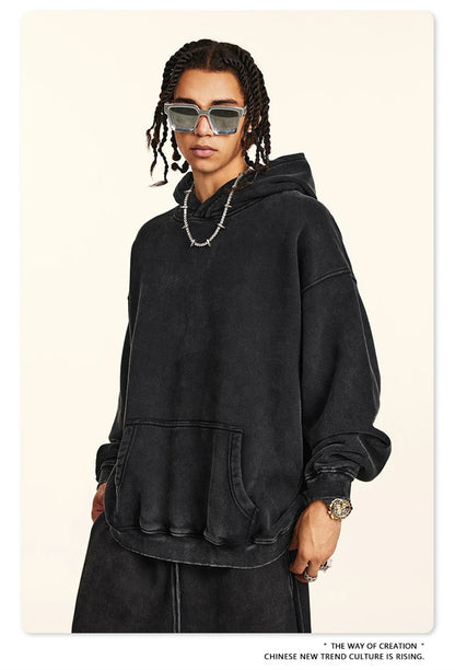 ZODF Retro Men’s Winter Washed Fleece Hoodie 360gsm Warm Knitted Loose Hooded Pullover Streetwear HY0887