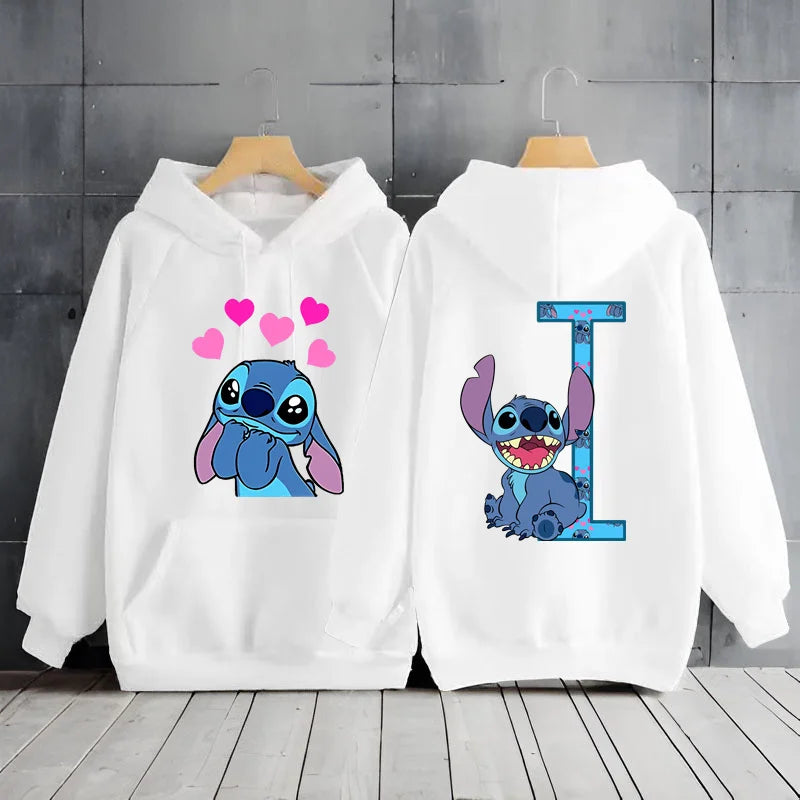 2025 Women's Winter Jacket Cute Kawaii Disney Lilo & Stitch Lucky Letter Print White Hoodie Fashion Couple Streetwear Sportswear
