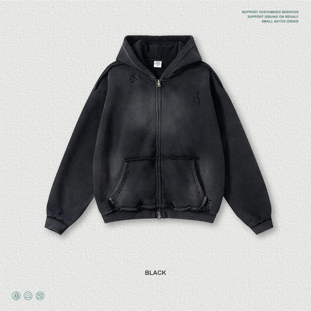 ZODF Retro Winter Men 400gsm Monkey Washed Zipper Hoodie Unisex High Street Loose Edge Ripped Distressed Hooded Pullovers HY1117