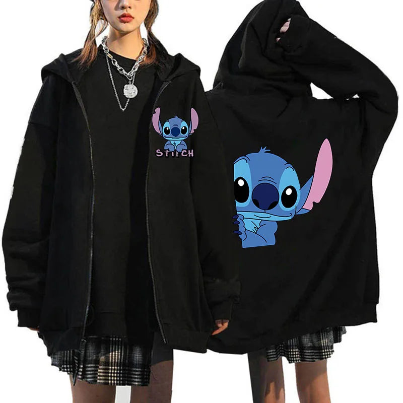 Women's Oversized Zipper Hoodie MINISO Luxury Brand Disney Lilo and Stitch Couple Hooded Sweatshirt Autumn and Winter Warm Jacke